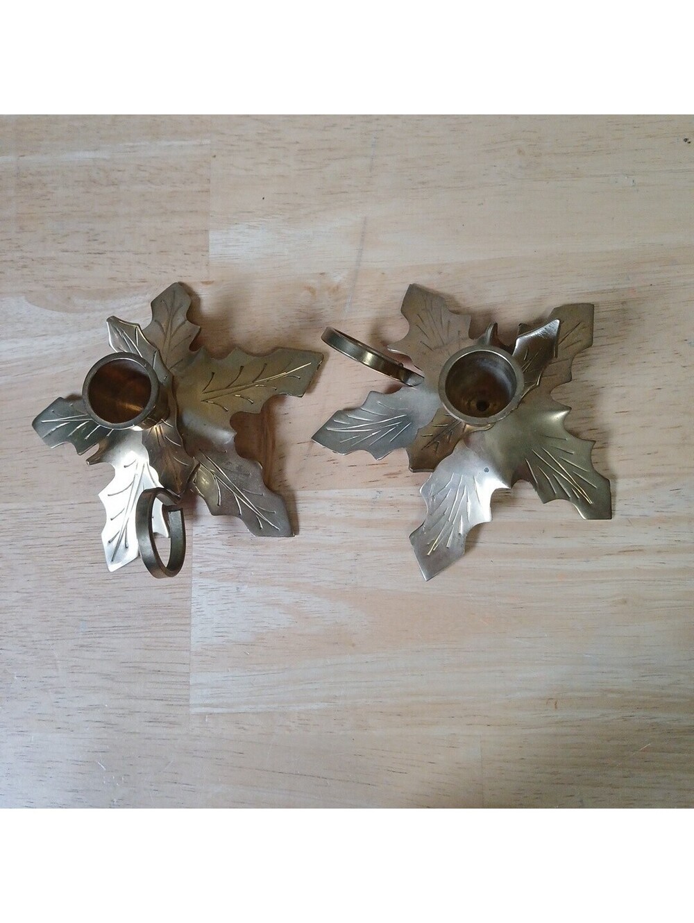 Vintage 2 Solid Brass Leaf Candlestick W/ Handles Taper Candle Holder 2” India